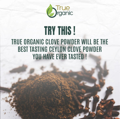 True Organic logo with text promoting organic Ceylon clove powder next to ground clove and whole cloves