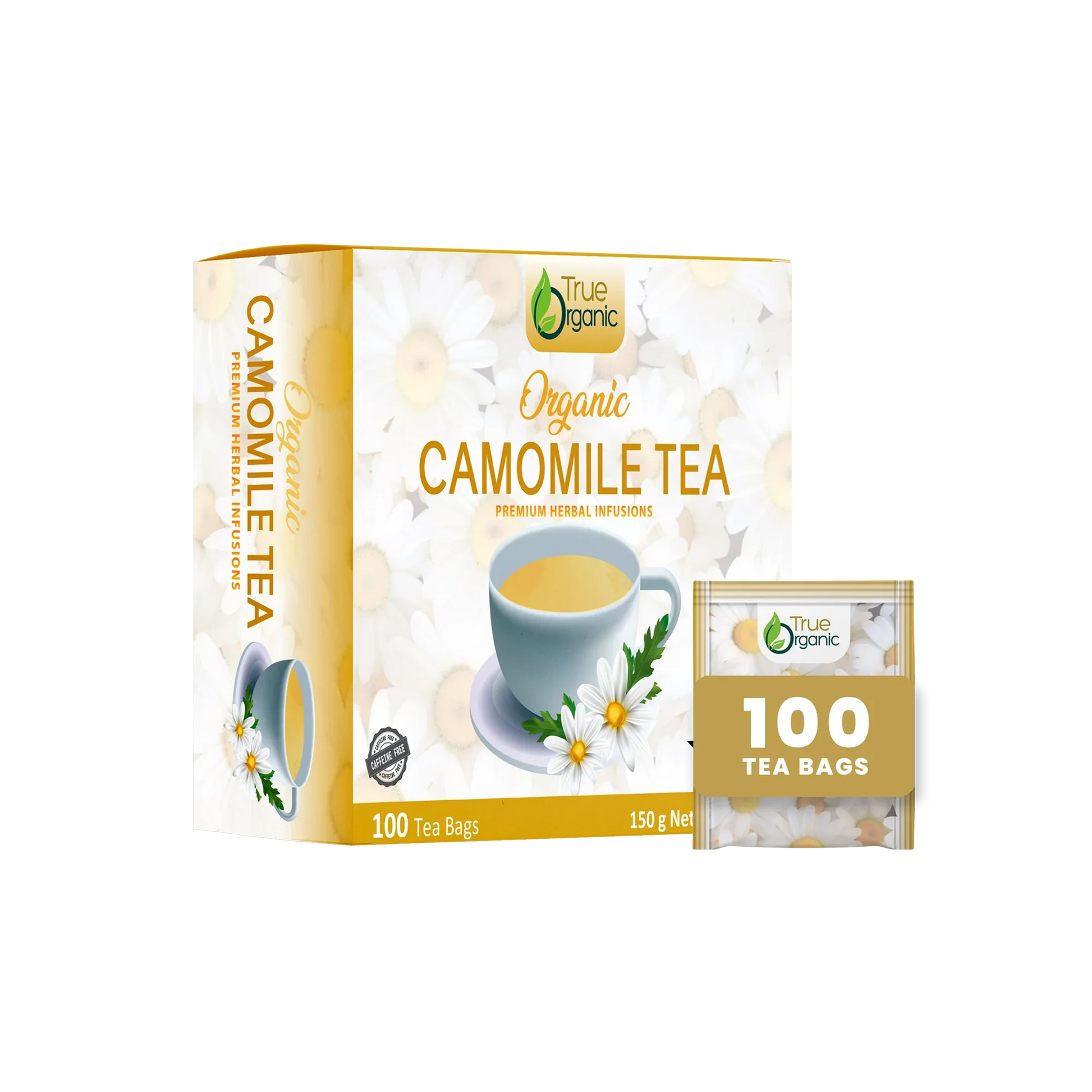 True Organic brand organic chamomile tea box with 100 tea bags and chamomile flowers on packaging