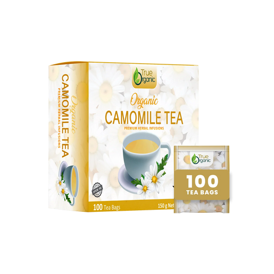 True Organic brand organic chamomile tea box with 100 tea bags and chamomile flowers on packaging