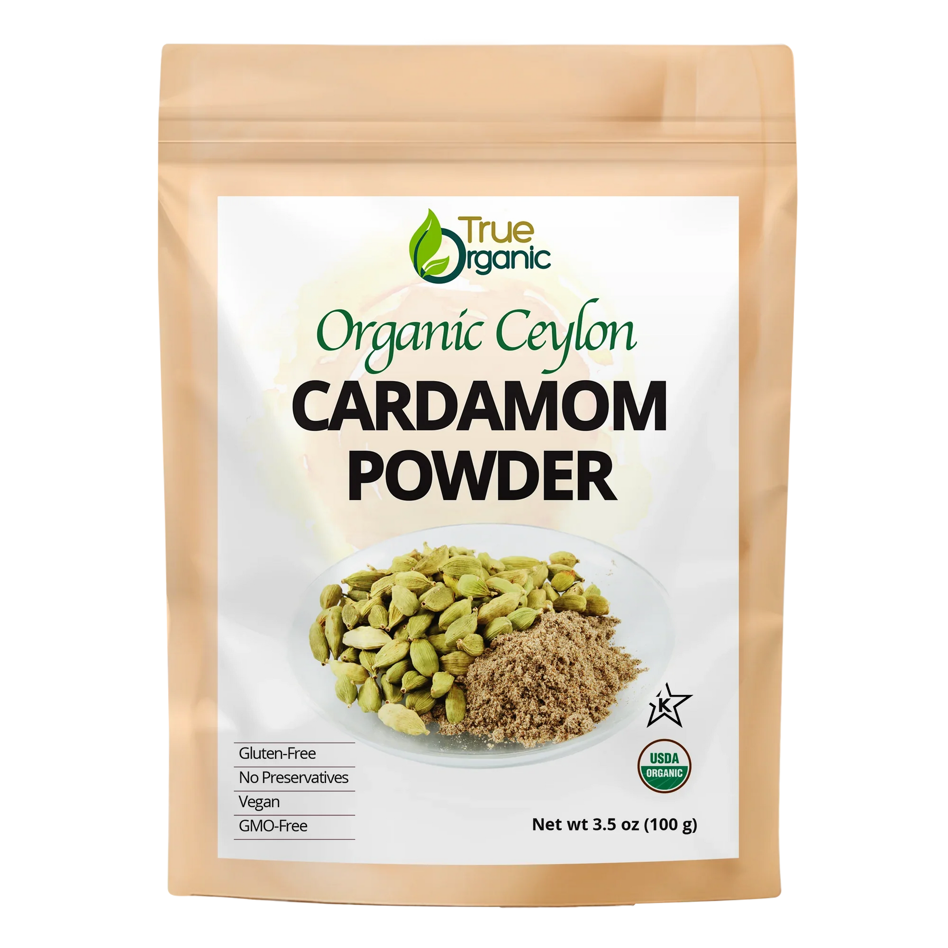 True Organic brand Organic Ceylon Cardamom Powder 3.5oz bag with whole cardamom pods and powder