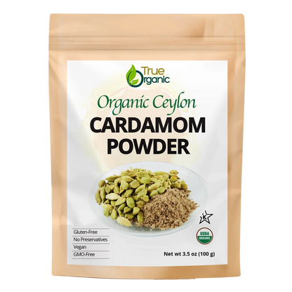 True Organic brand Organic Ceylon Cardamom Powder 3.5oz bag with whole cardamom pods and powder