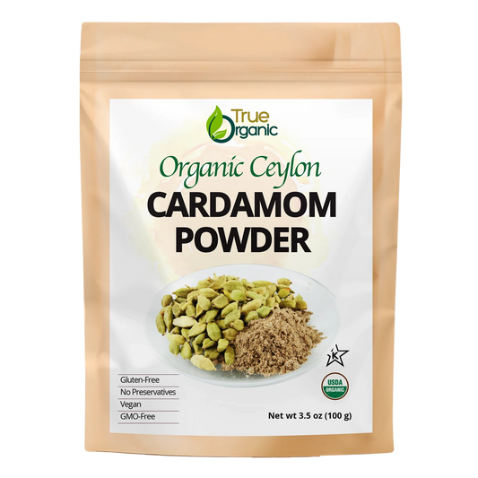 True Organic brand Organic Ceylon Cardamom Powder 3.5oz bag with whole cardamom pods and powder