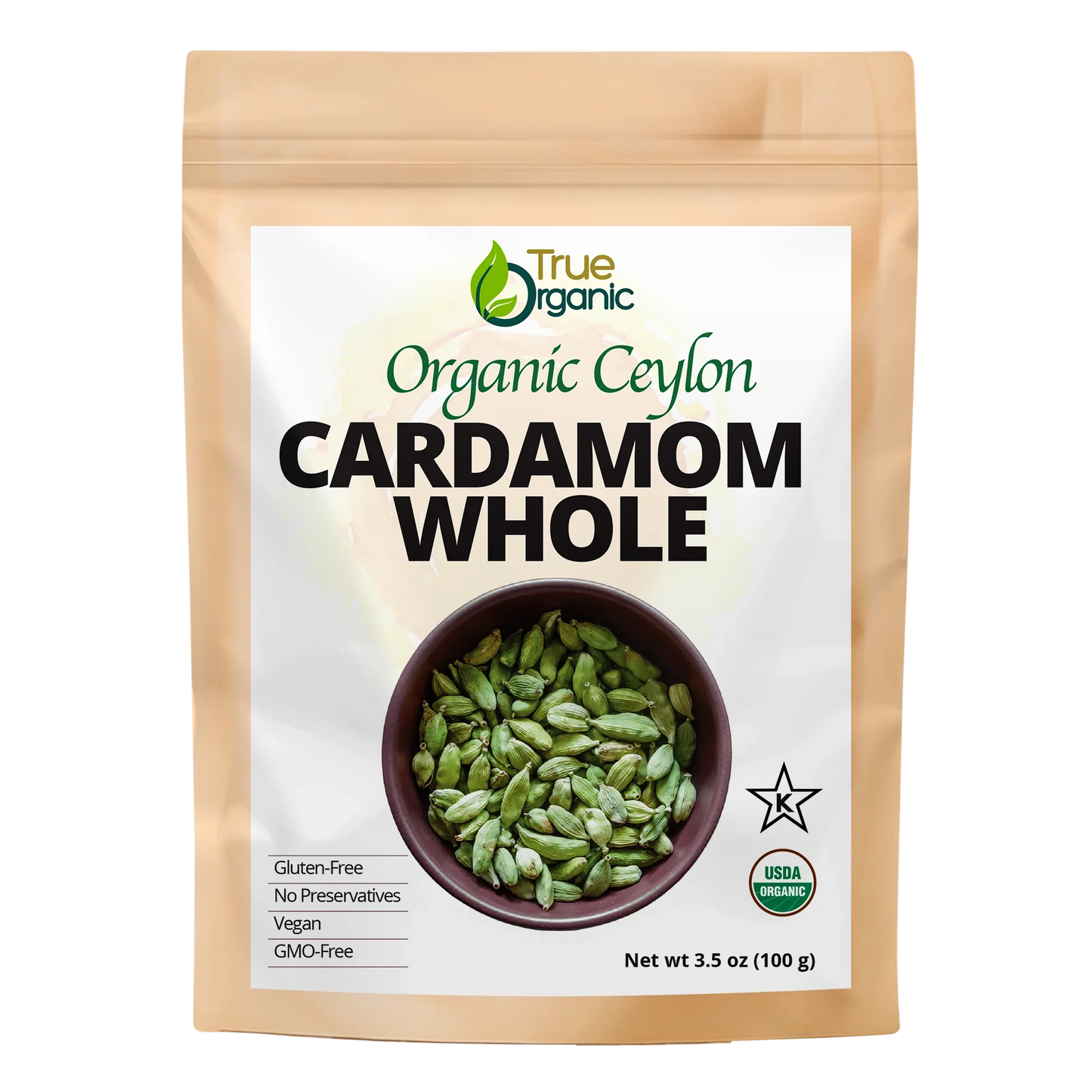 True Organic brand package of organic Ceylon whole cardamom, 3.5 oz, gluten-free and vegan