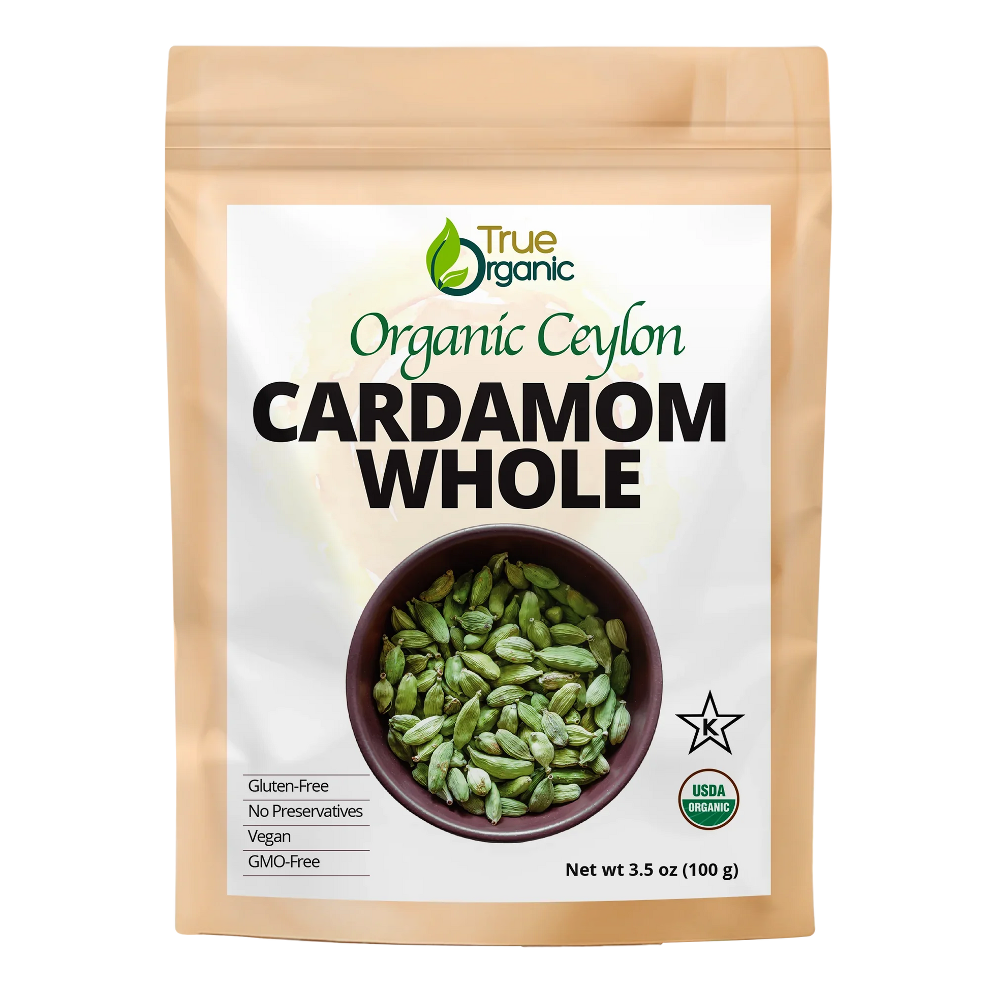 True Organic brand package of organic Ceylon whole cardamom, 3.5 oz, gluten-free and vegan
