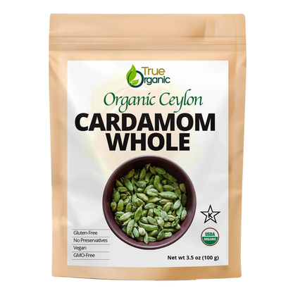 True Organic brand package of organic Ceylon whole cardamom, 3.5 oz, gluten-free and vegan