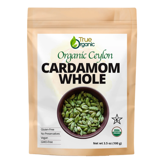True Organic brand package of organic Ceylon whole cardamom, 3.5 oz, gluten-free and vegan