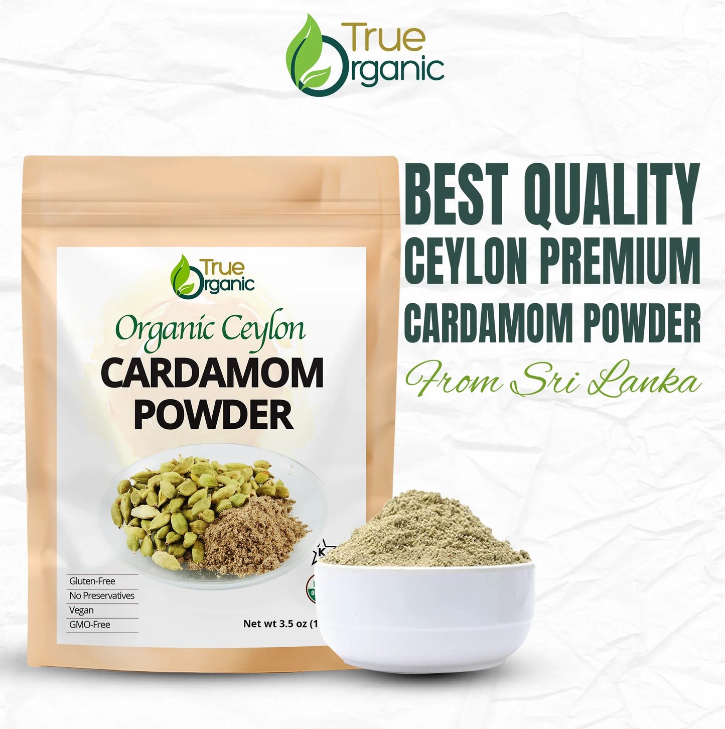 True Organic brand package of organic Ceylon cardamom powder with a bowl of cardamom powder