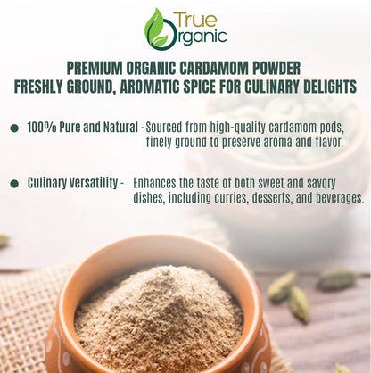 Premium organic cardamom powder in a clay bowl with cardamom pods on rustic wooden surface
