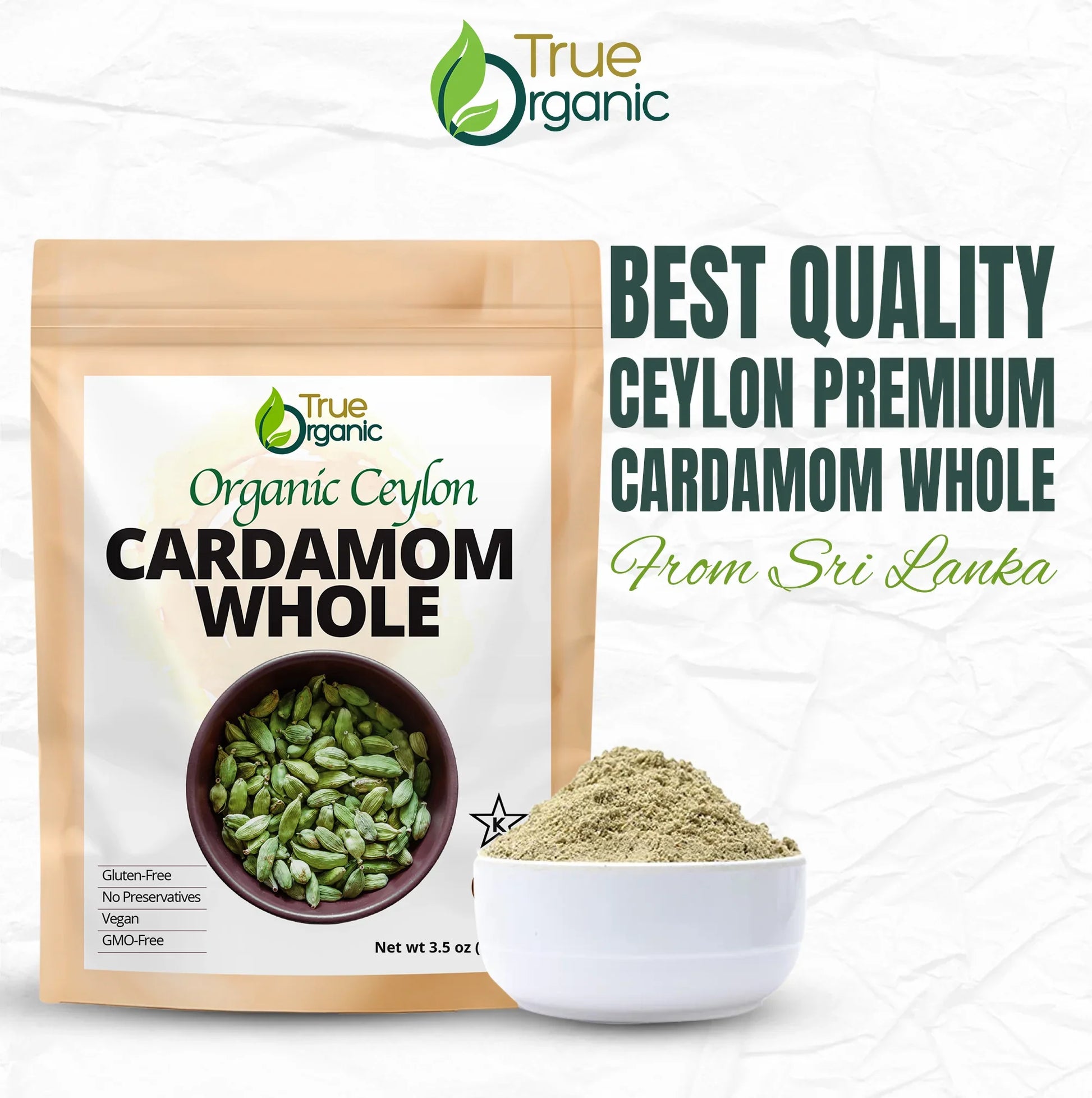 True Organic Organic Ceylon whole cardamom in resealable pouch with cardamom powder in white bowl