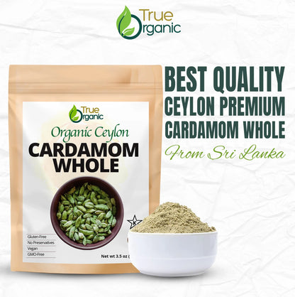 True Organic Organic Ceylon whole cardamom in resealable pouch with cardamom powder in white bowl