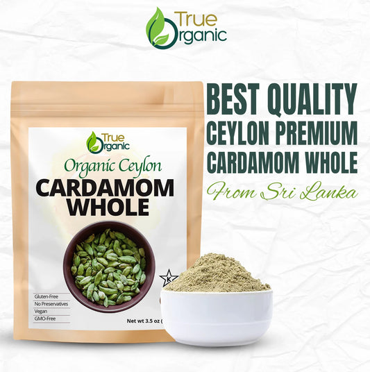 True Organic Organic Ceylon whole cardamom in resealable pouch with cardamom powder in white bowl
