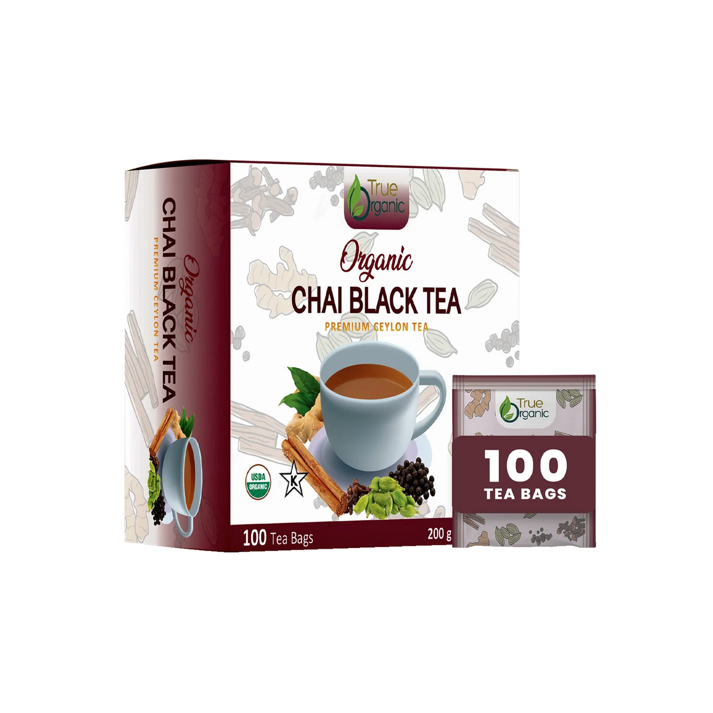 True Organic Organic Chai Black Tea box with 100 premium Ceylon tea bags and spicy chai ingredients illustration