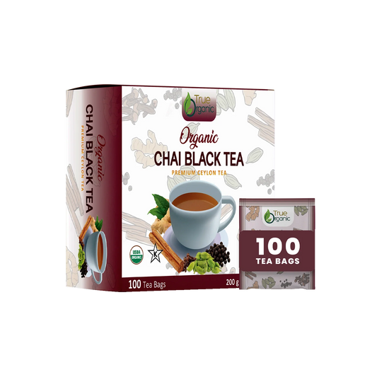 True Organic Organic Chai Black Tea box with 100 premium Ceylon tea bags and spicy chai ingredients illustration