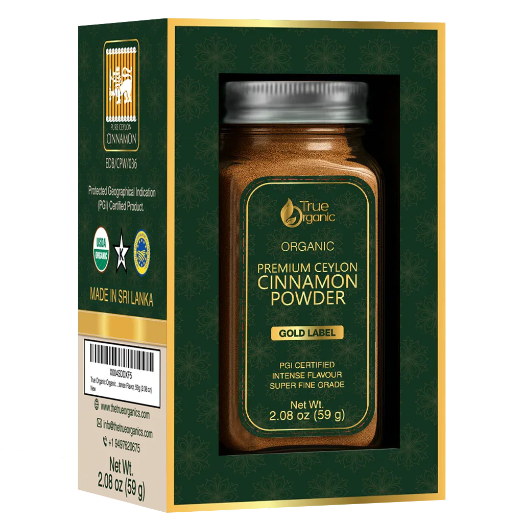 Organic True Organic Premium Ceylon Cinnamon Powder 2.08 oz in green and gold packaging