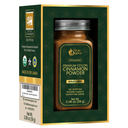 Organic True Organic Premium Ceylon Cinnamon Powder 2.08 oz in green and gold packaging
