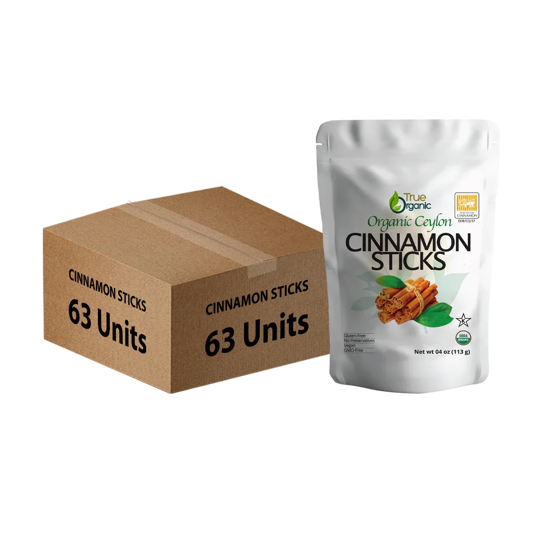 Box of 63 units and a pack of True Organic Ceylon Cinnamon Sticks, 4 oz gluten-free sticks