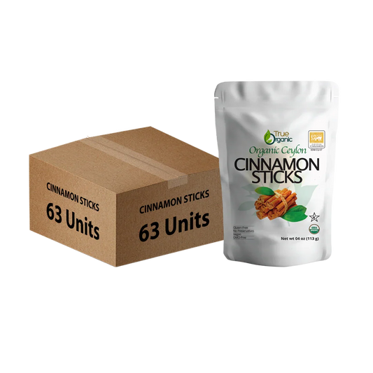 Box of 63 units and a pack of True Organic Ceylon Cinnamon Sticks, 4 oz gluten-free sticks