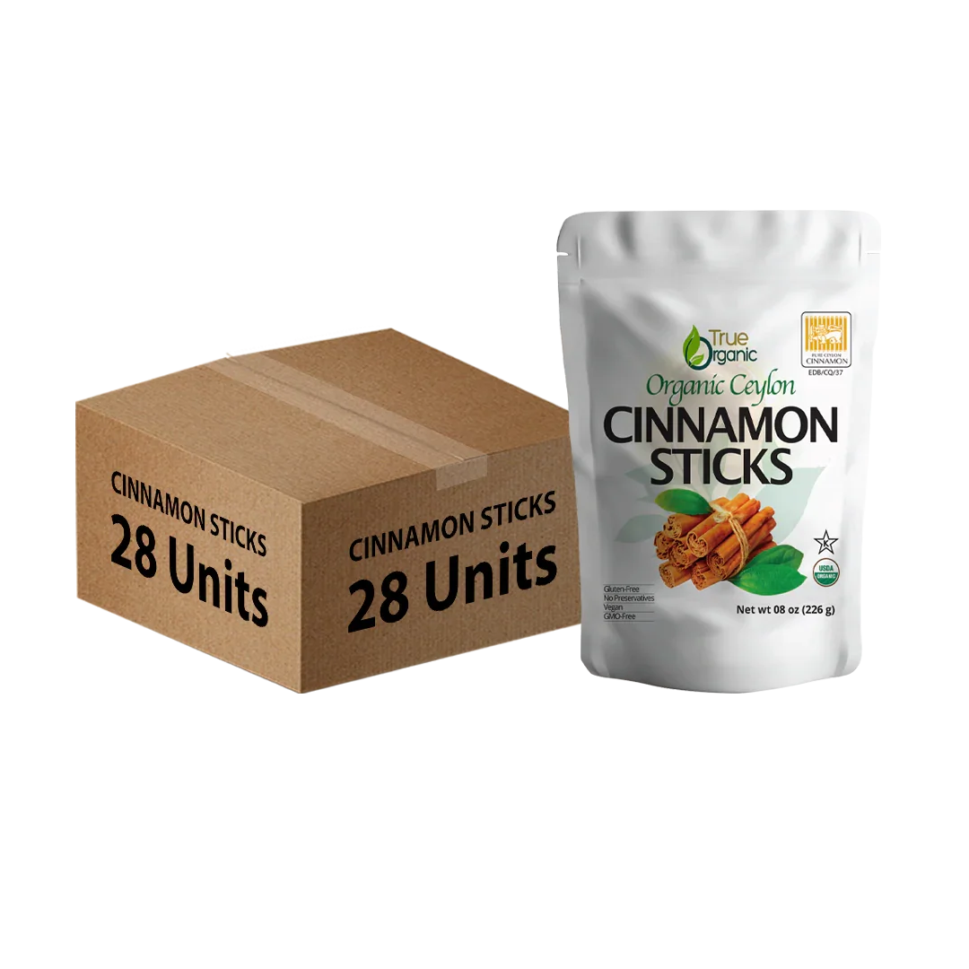 Box of 28 units and white pouch of True Organic Ceylon cinnamon sticks 8 oz package