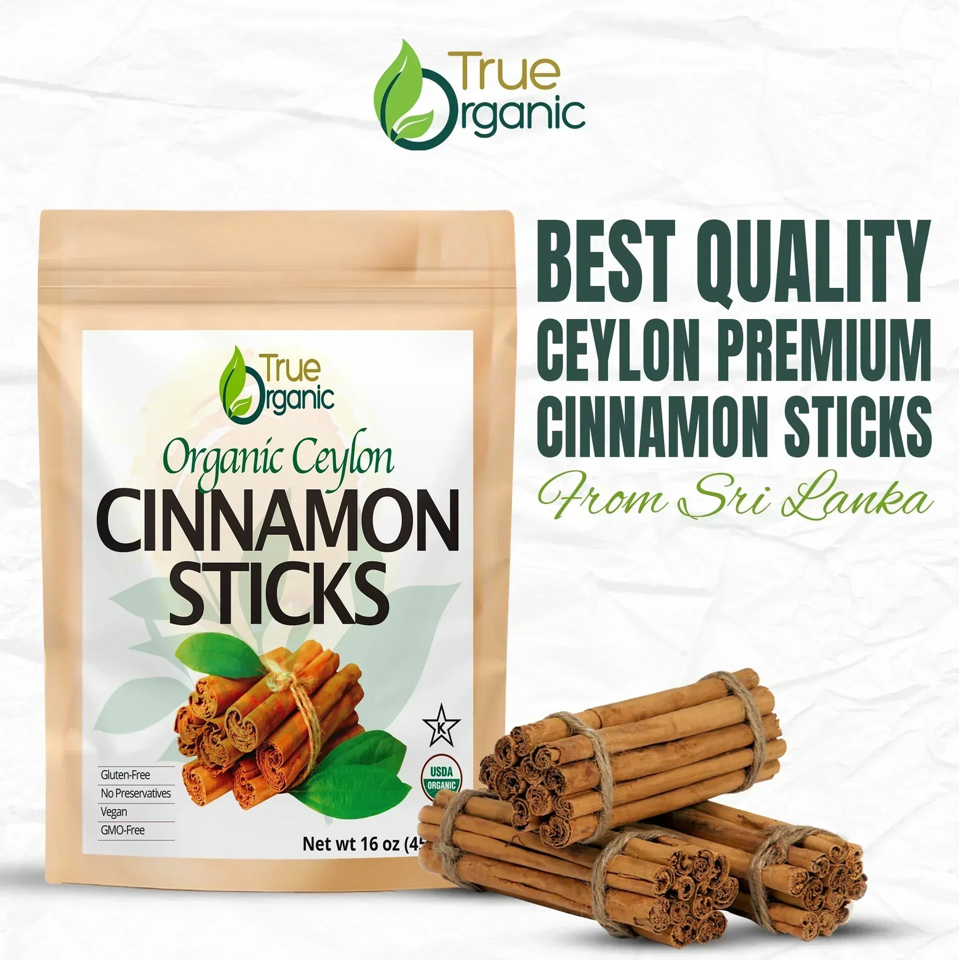 True Organic 16oz pouch of organic Ceylon cinnamon sticks with three bundles of cinnamon sticks tied with twine