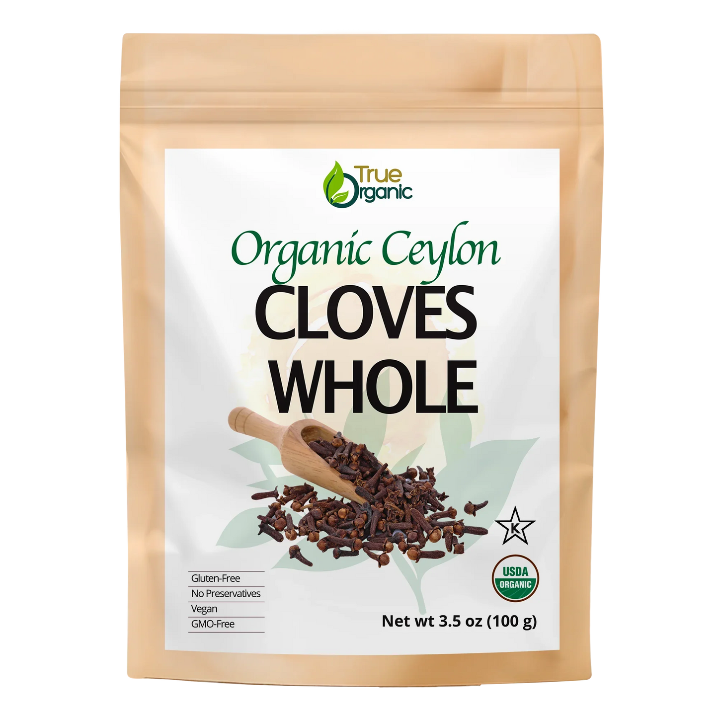 True Organic branded 3.5oz resealable bag of Organic Ceylon whole cloves with USDA organic label