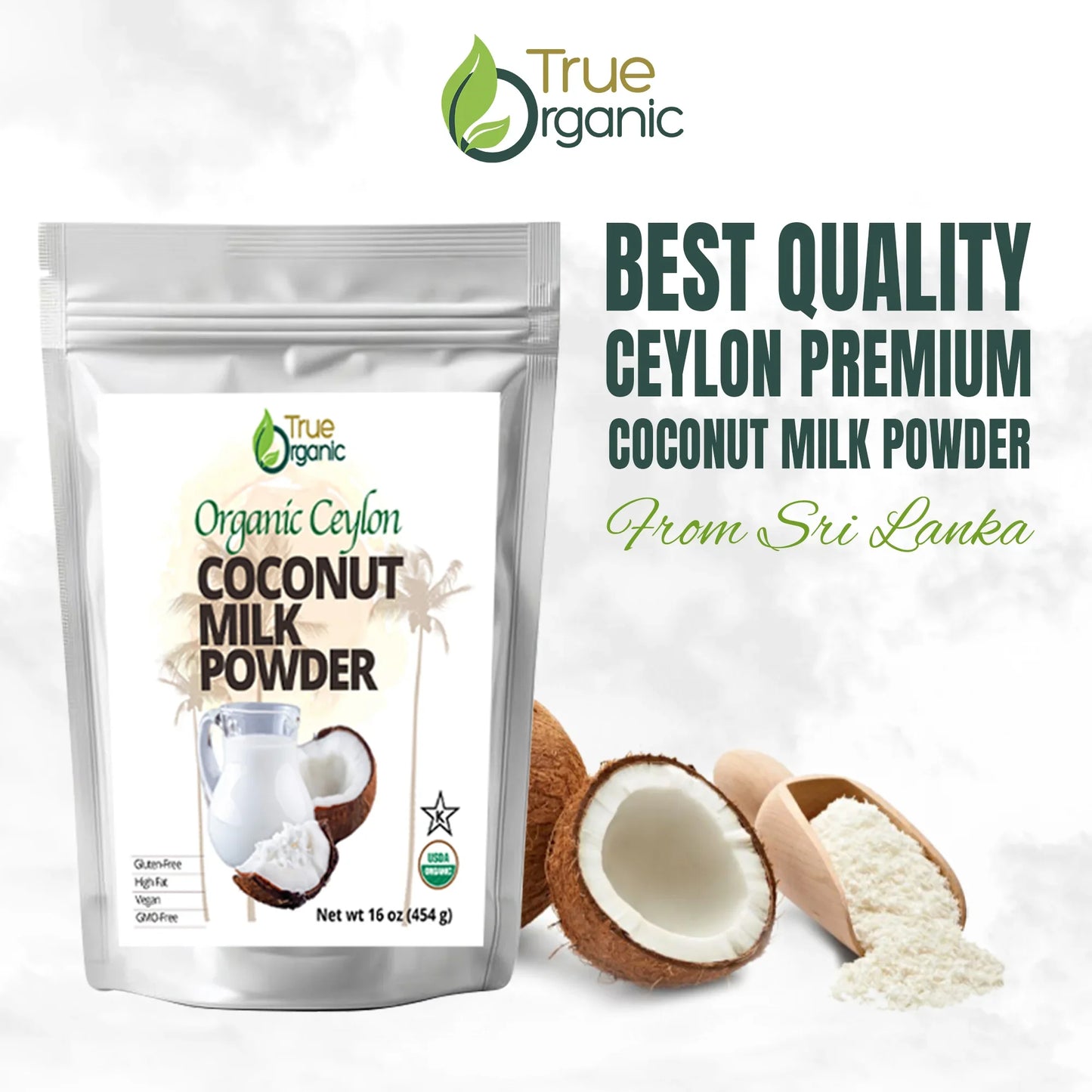 True Organic Ceylon coconut milk powder pack with fresh coconuts and powder scoop, USDA organic