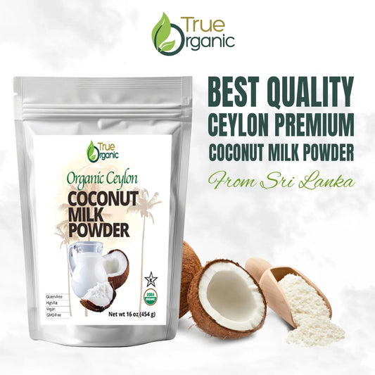 True Organic Ceylon coconut milk powder pack with fresh coconuts and powder scoop, USDA organic