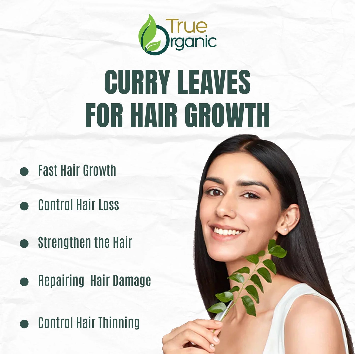 Smiling woman holding fresh green curry leaves promoting hair growth benefits and hair care