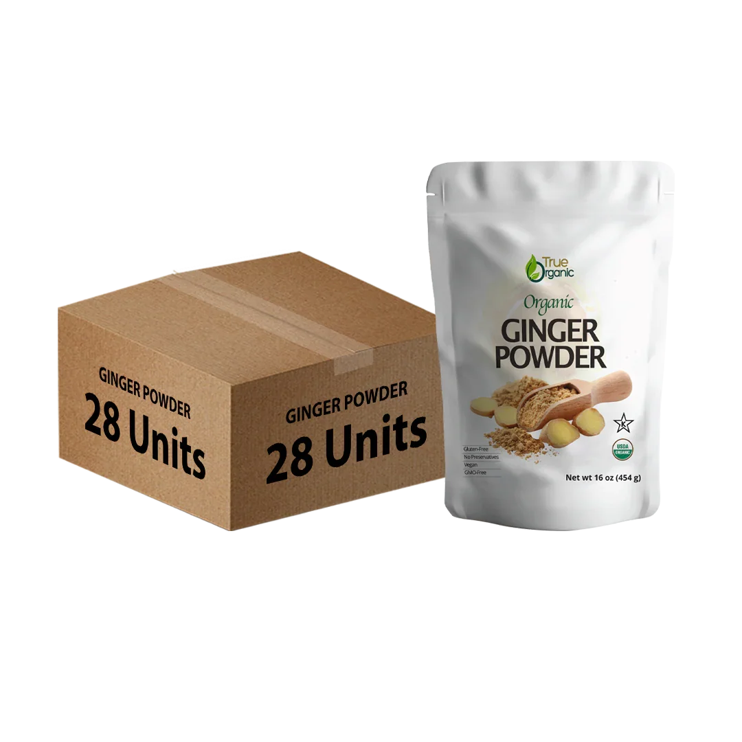 True Organic organic ginger powder 16 oz packet with 28 units bulk cardboard box