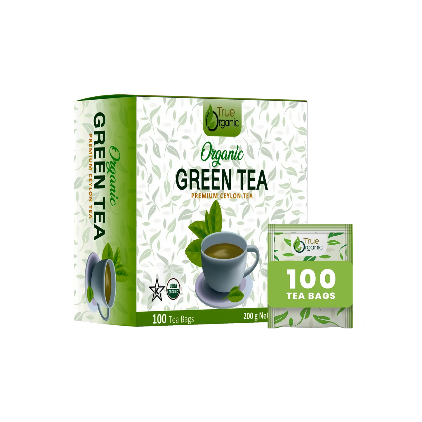 True Organic Premium Ceylon Organic Green Tea box with 100 tea bags and cup illustration