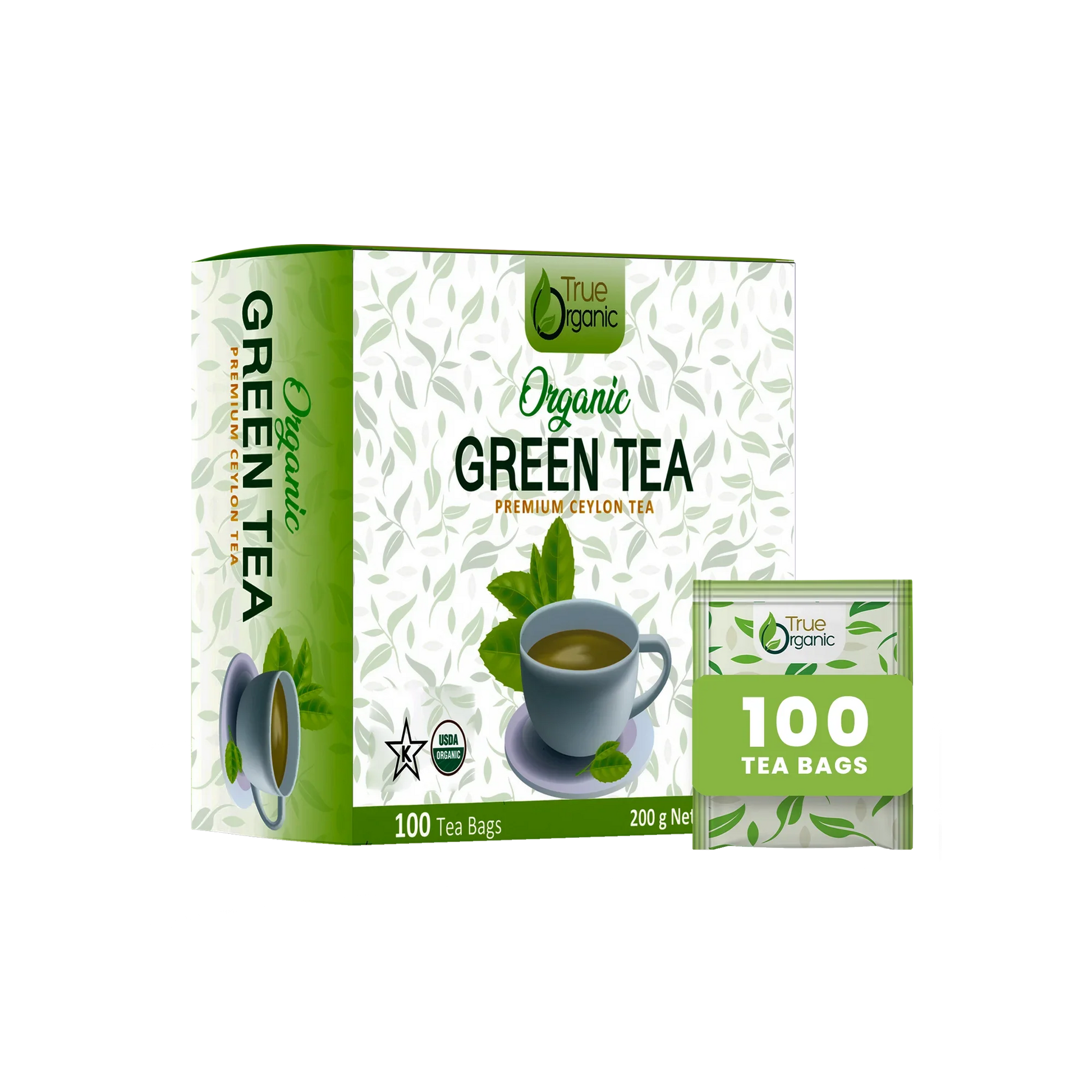 True Organic Premium Ceylon Organic Green Tea box with 100 tea bags and cup illustration