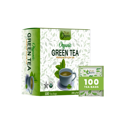 True Organic Premium Ceylon Organic Green Tea box with 100 tea bags and cup illustration