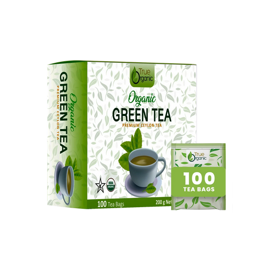 True Organic Premium Ceylon Organic Green Tea box with 100 tea bags and cup illustration
