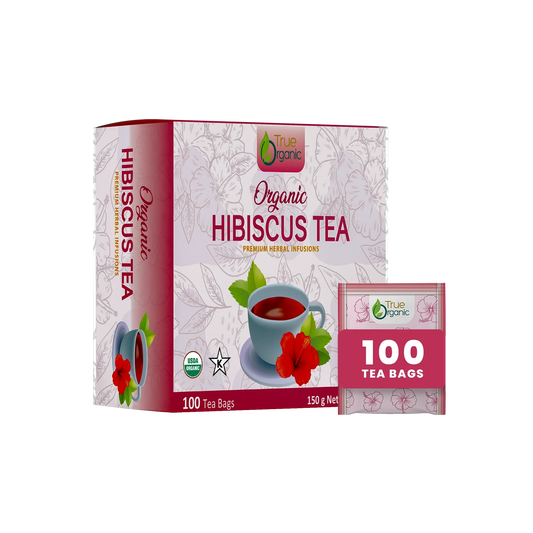 Organic Hibiscus Tea box with 100 tea bags, featuring hibiscus flower and tea cup illustration