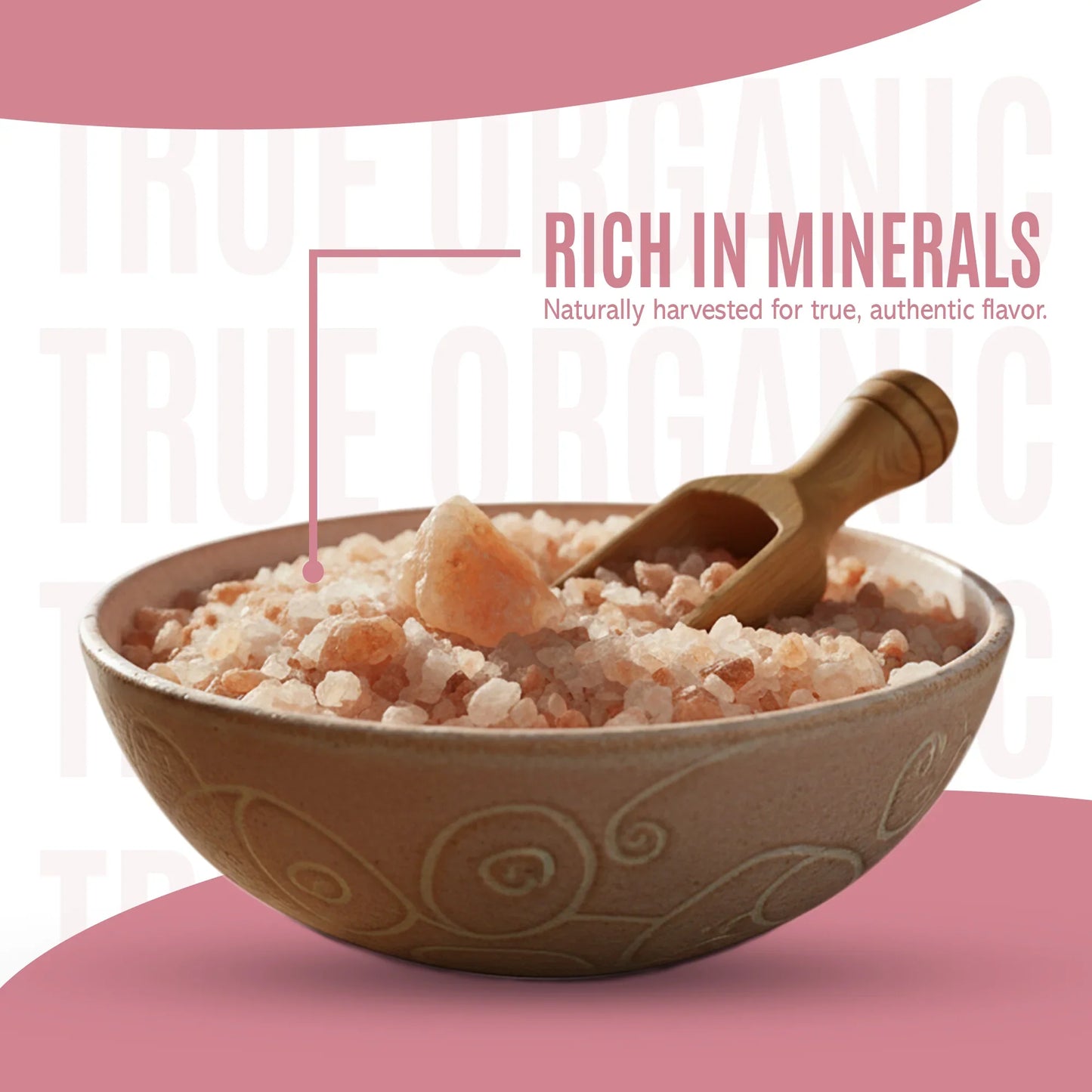 Bowl of Himalayan pink salt crystals with wooden scoop, rich in minerals and organic flavor