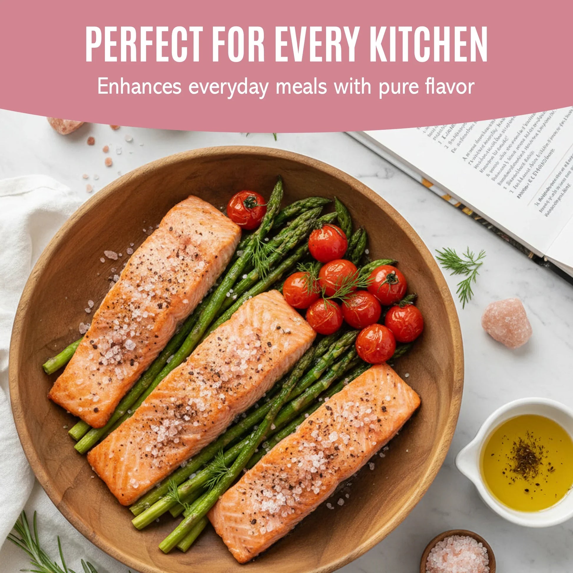 Grilled salmon fillets with pink Himalayan salt on asparagus and cherry tomatoes in wooden bowl