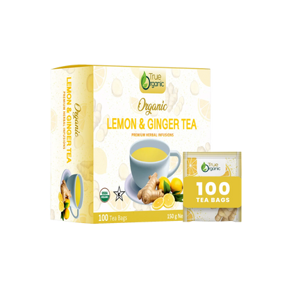 True Organic Lemon and Ginger Tea box with 100 tea bags, featuring cup of tea, lemon slices, and ginger root