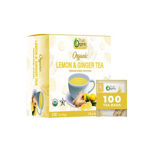 True Organic Lemon and Ginger Tea box with 100 tea bags, featuring cup of tea, lemon slices, and ginger root