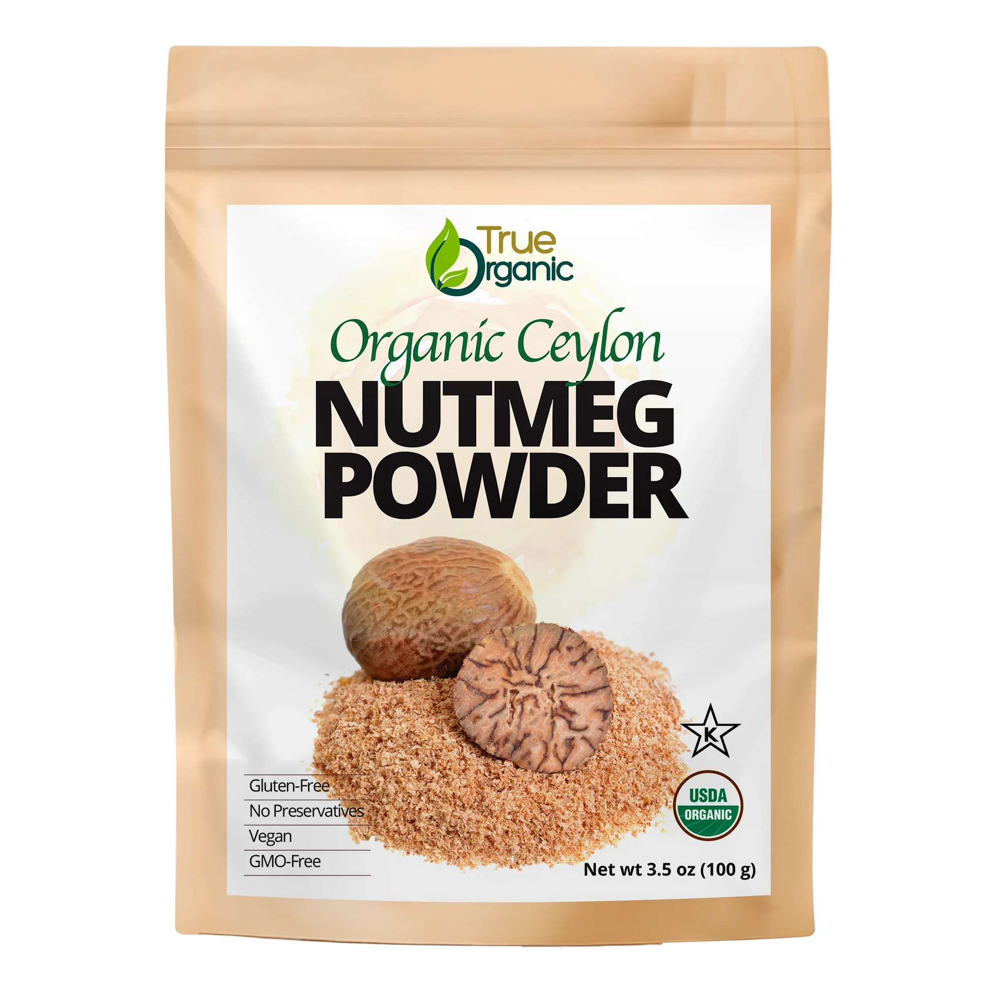 True Organic Ceylon nutmeg powder 3.5oz pack, gluten-free, vegan, GMO-free, USDA organic