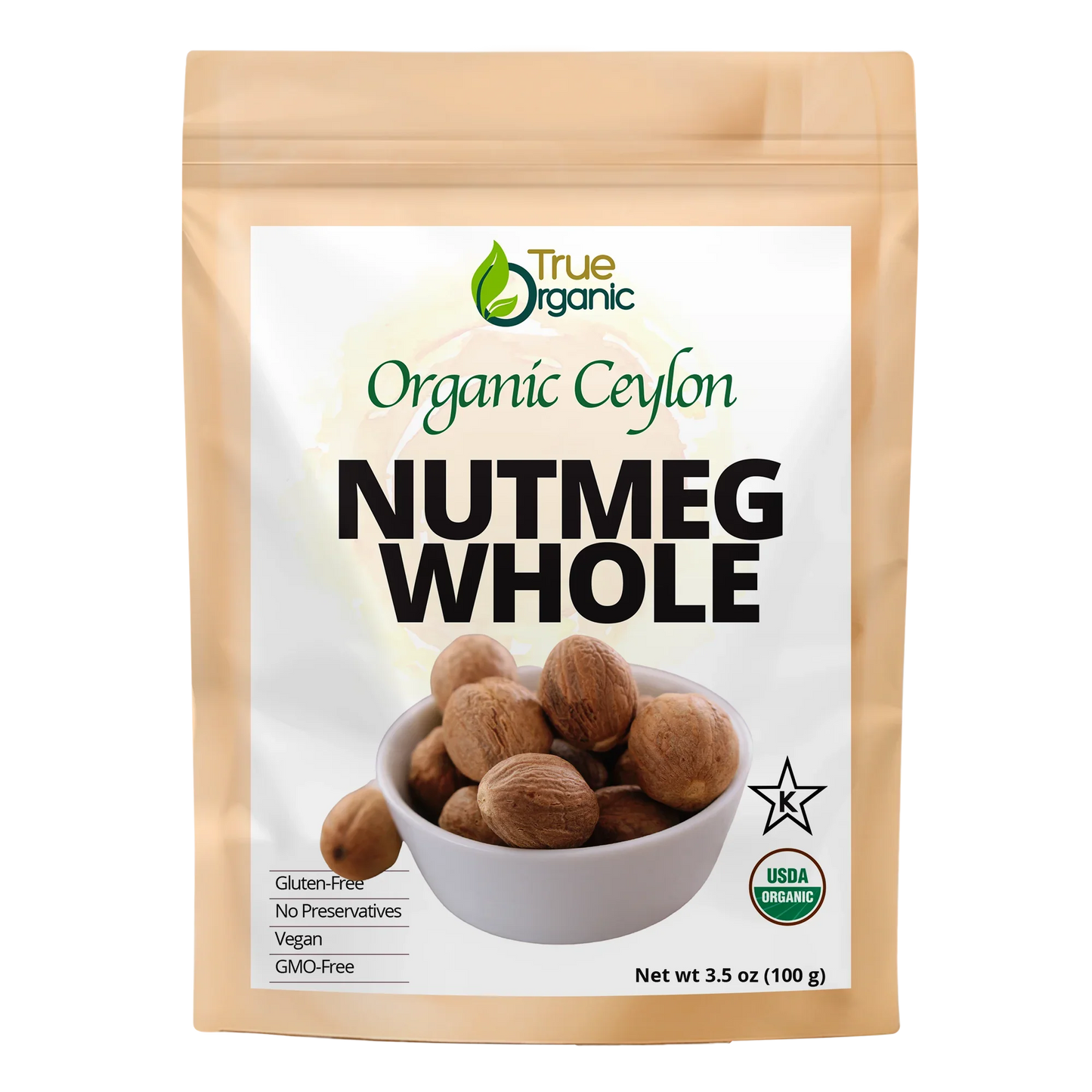 True Organic brand pouch of Organic Ceylon whole nutmeg, 3.5 oz, gluten-free, vegan, GMO-free