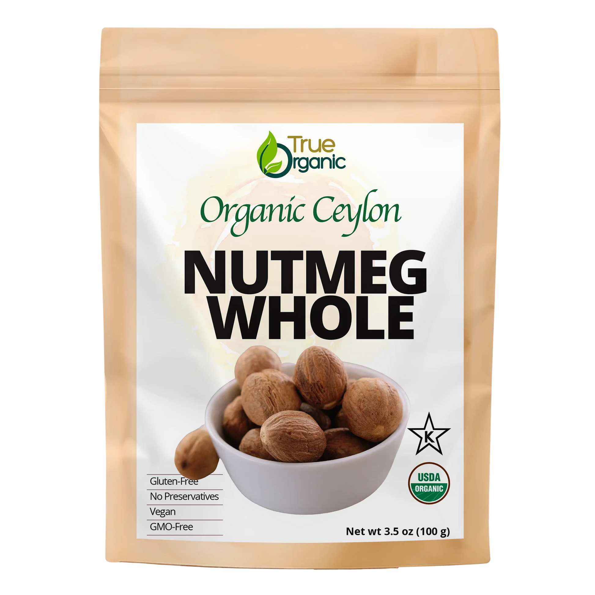 True Organic brand pouch of Organic Ceylon whole nutmeg, 3.5 oz, gluten-free, vegan, GMO-free