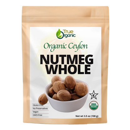 True Organic brand pouch of Organic Ceylon whole nutmeg, 3.5 oz, gluten-free, vegan, GMO-free