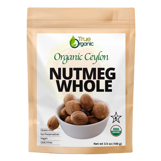 True Organic brand pouch of Organic Ceylon whole nutmeg, 3.5 oz, gluten-free, vegan, GMO-free
