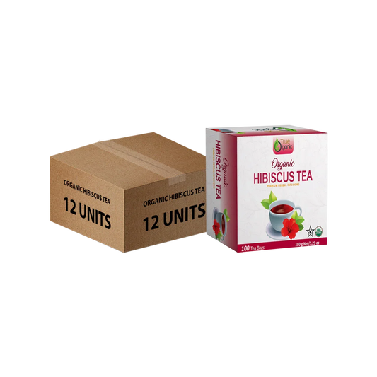 Box of 100 bags True Organic Hibiscus Tea next to brown cardboard shipping box labeled 12 units