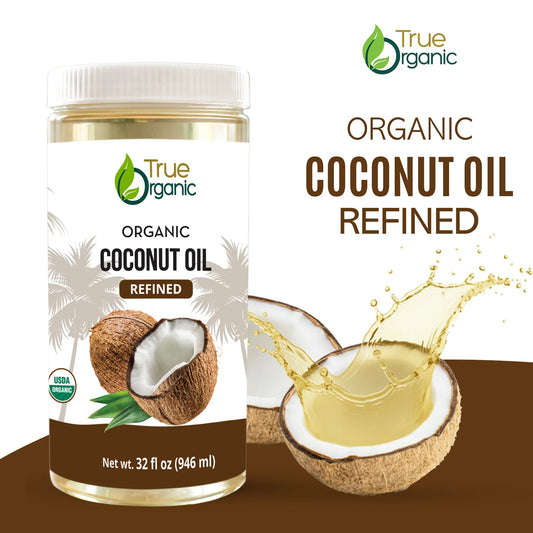 True Organic brand 32 fl oz jar of USDA organic refined coconut oil with coconut and oil splash