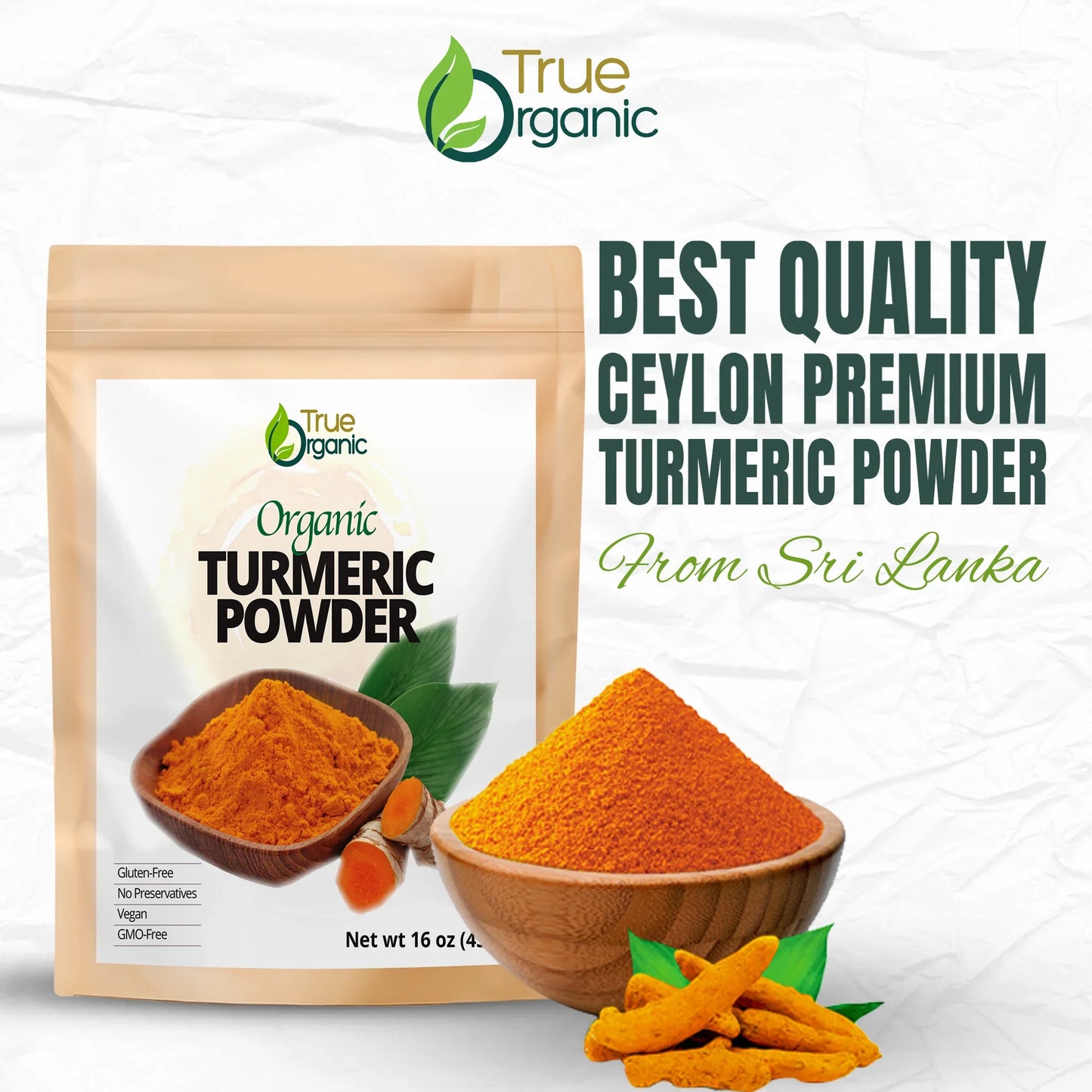 True Organic Ceylon premium turmeric powder in wooden bowl with packaging and turmeric roots