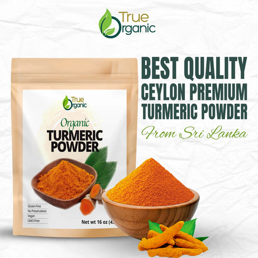 True Organic Ceylon premium turmeric powder in wooden bowl with packaging and turmeric roots