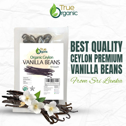 True Organic package of 10 count premium Organic Ceylon vanilla beans with white vanilla flowers on white background
