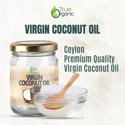 True Organic virgin coconut oil jar with bowl of clear coconut oil and wooden spoon, Ceylon premium quality