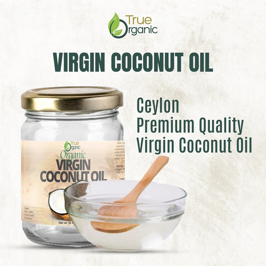 True Organic virgin coconut oil jar with bowl of clear coconut oil and wooden spoon, Ceylon premium quality