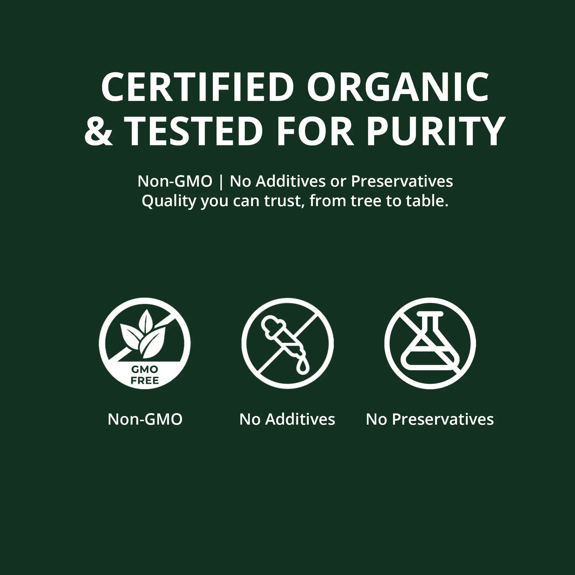Certified organic and tested for purity label with non-GMO, no additives, no preservatives icons